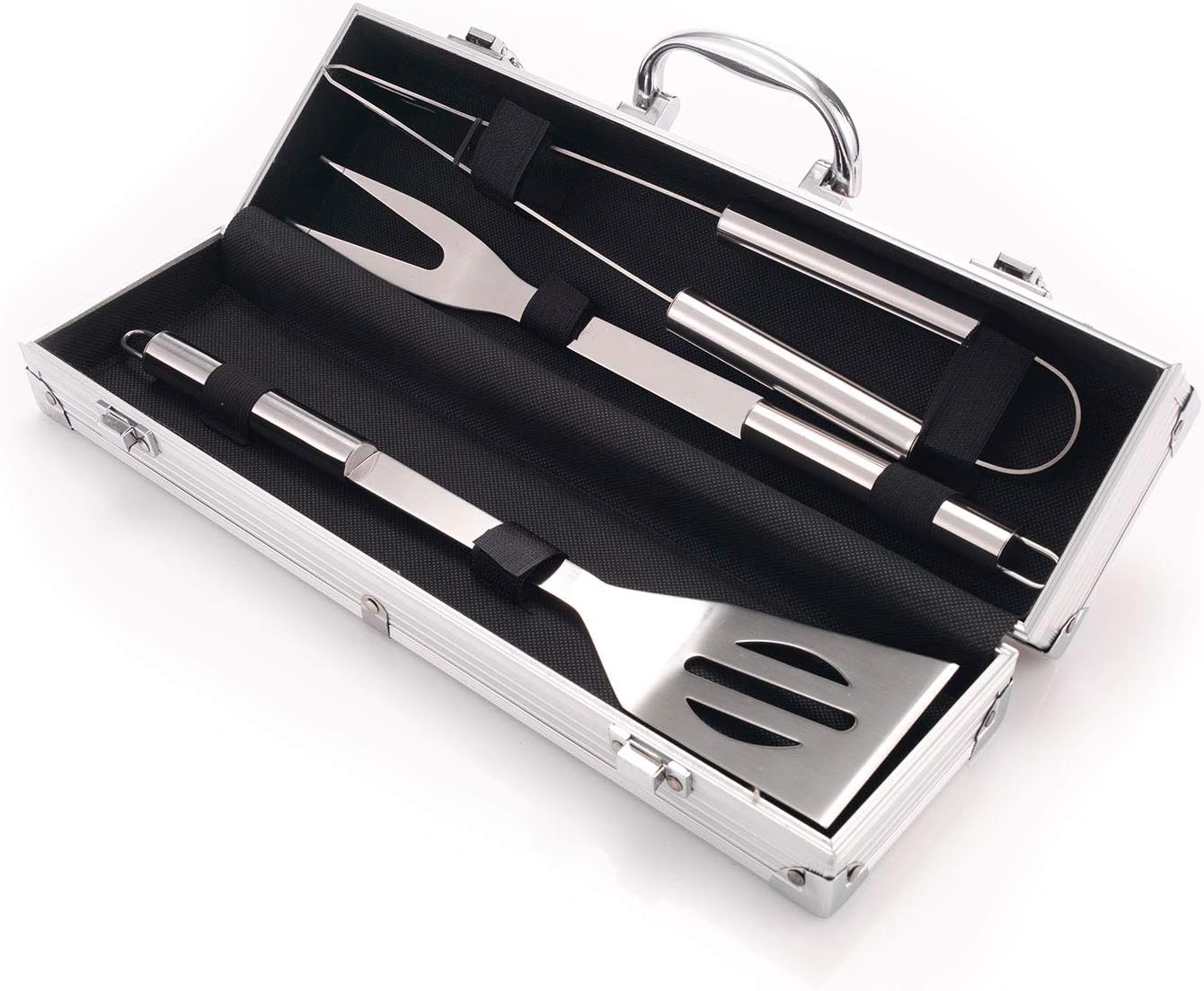 BBQ Tool Set With Personalised Carry Case - 3 Piece BBQ Grill Kit: Spatula, Tongs & Fork - Ideal Outdoor Barbecue Grill Utensils Set - Engraved With Your Custom Text - BBQ Accessories for Him