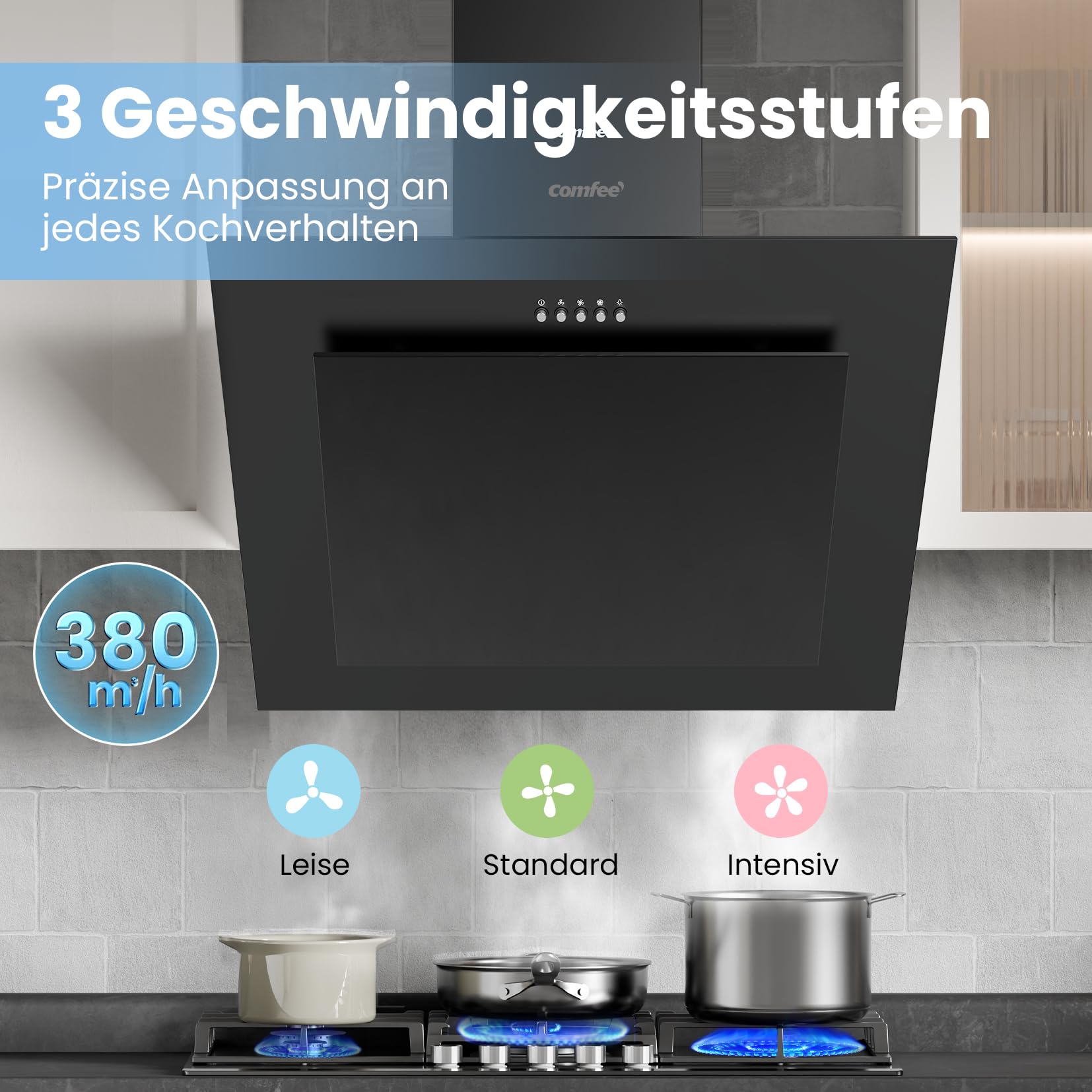 COMFEE' CH60J78EM4A2B Dunstabzugshaube 60cm A++, Kopffreihaube 380m³/h Umluft Abluft LED Aktivkohlefilter Schwarz