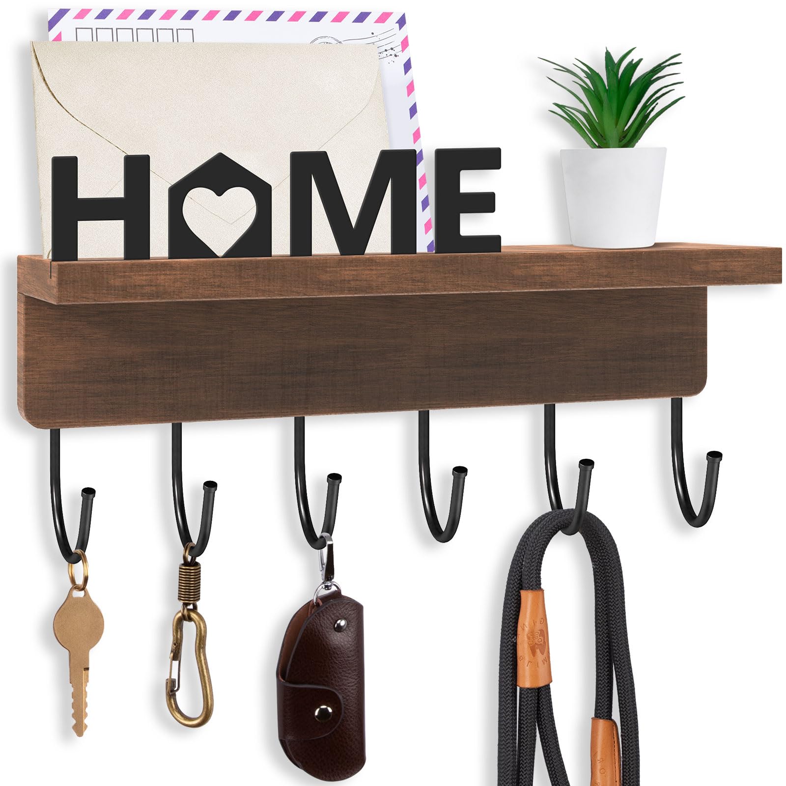 FIPUTE Key Holder for Wall, Decorative Key and Mail Holder with Shelf, Wall Mounted Entryway Organizer, Rustic Farmhouse Home Decor (Brown Home)