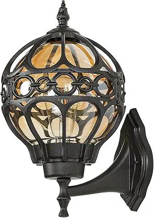 Outdoor Wall Lights, Black Globe Porch Light, Spherical Aluminum Exterior Lighting Fixtures for Patio Yard Doorway Garage, Anti-Rust Waterproof Globe Outside House Lantern Wall Mount with Amber Glass