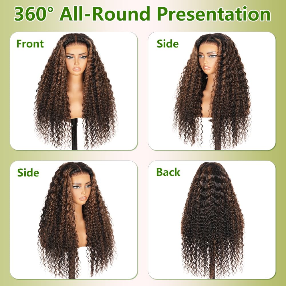 QUANDIAN 32 Inch Balayage Wear and Go Glueless Wigs Human Hair Pre Plucked Pre Cut 7x5 HD Lace Highlight Ombre Lace Front Wig Human Hair Deep Wave Wig 210 Density FB/30 Curly Drawstring Wigs for Women