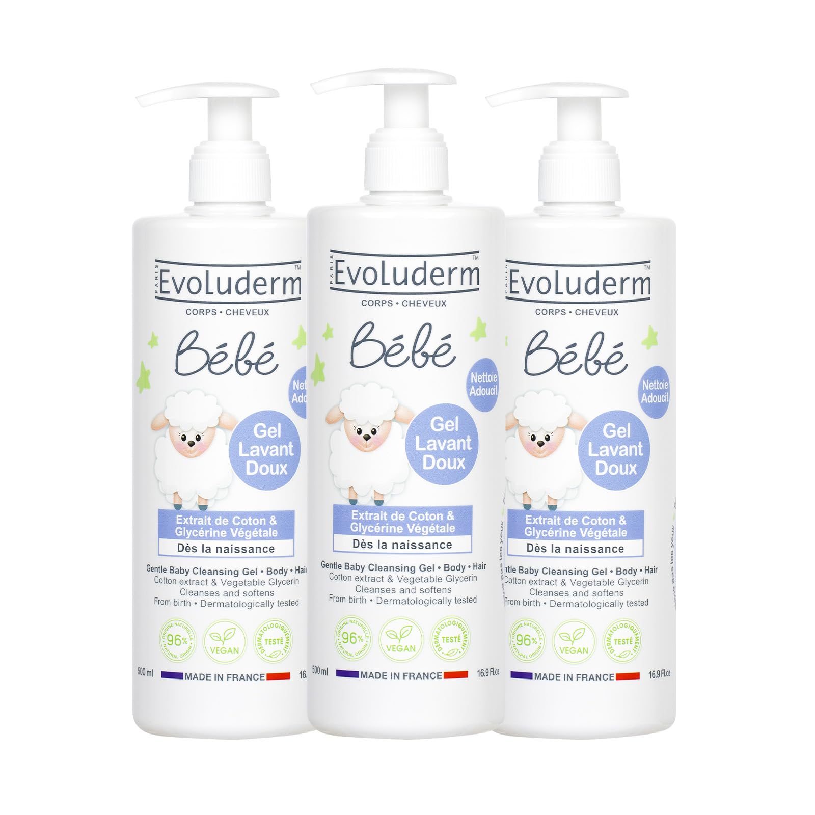 EVOLUDERM - Gel Lavant Doux Corps & Cheveux Bébé - 500 ml - 96% d'Origine Naturelle - Végan - Fabrication Française - Lot de 3 x 500 ml