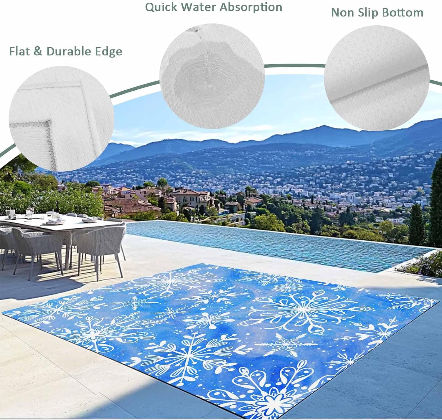 Christmas Outdoor Rug 4x6 ft Snowflake Outdoor Large Area Rug Non Slip Rubber Blue White Winter Snow Front Door Mat RV Rug Camping Carpet Patio Outdoor Rugs for Backyard Balcony Deck Porch Indoor