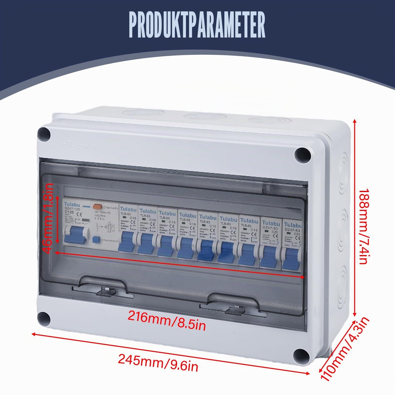 Sicherungskasten Aufputz IP65 mit Schutzschalter, Verteilerkasten mit Fi Schutzschalter, Unterverteilung Aufputz, Verteiler Kleinverteiler,Leistungsschalter 125A, AC Trennschalter 7x16A+2x20A