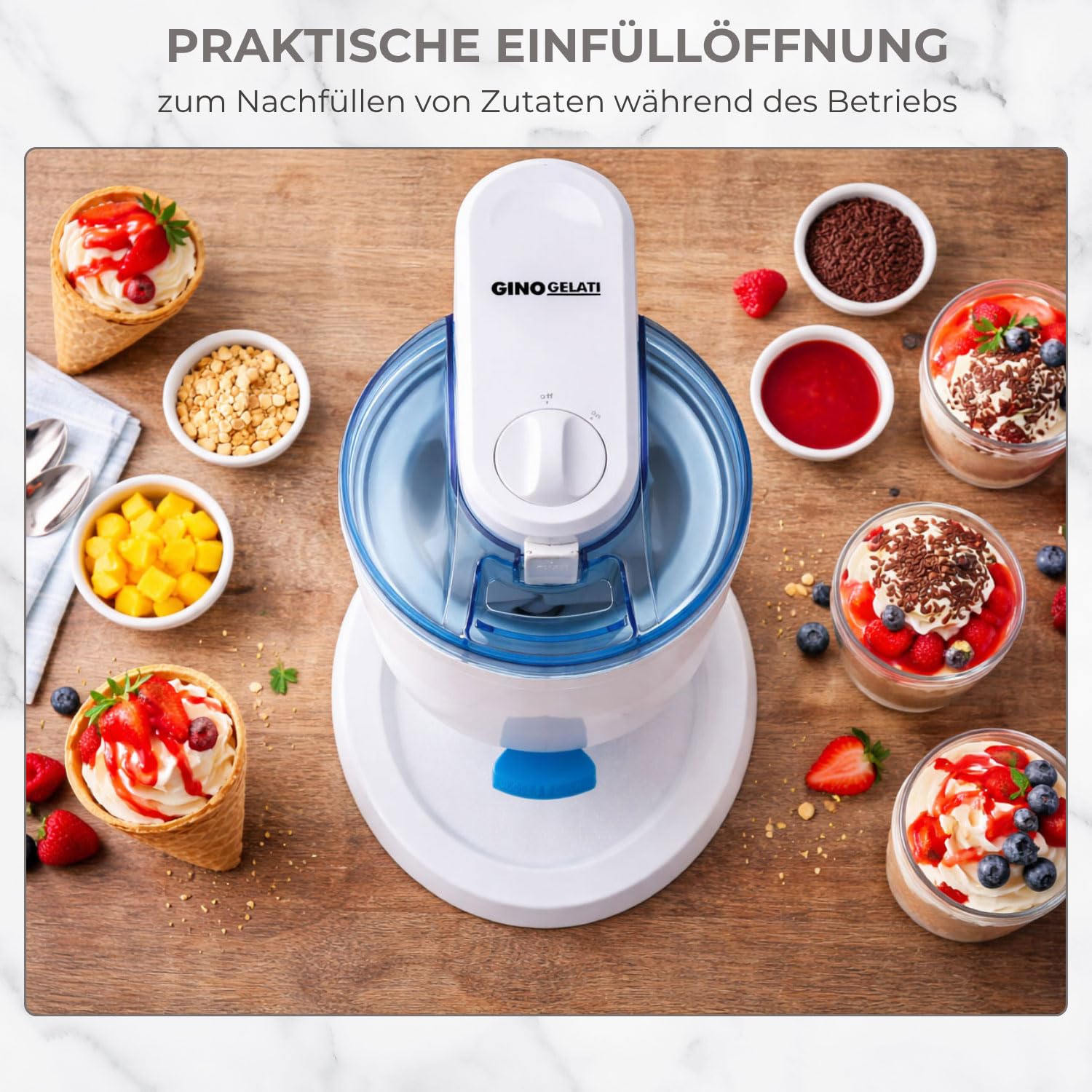 Gino Gelati Softeismaschine | Eismaschine für Zuhause | 1L Kapzität | schnelle Zubereitung ca. 20 Min | einfache Bedienung | ohne Kompressor | Blau/Weiß