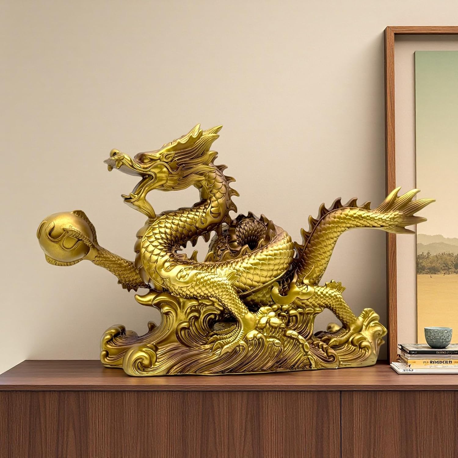 FUNSXBUG 13.6 INCH Chinese Feng Shui Dragon Statue Sculpture Resin Figurines FengShui Decor Home Office Desktop Tabletop Ornaments Decoration Good Lucky Gifts Gold