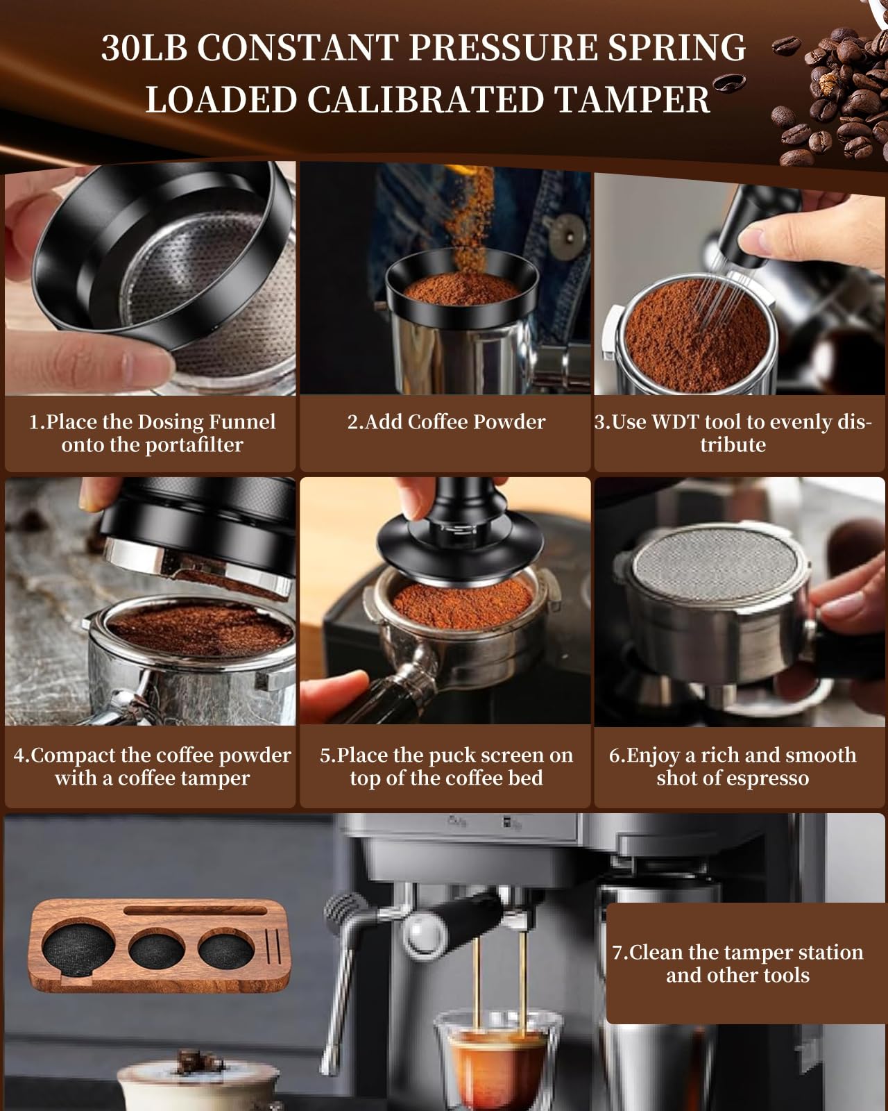 Lot de 25 tampons à café de 51 mm avec station tamper, niveau de café, outil WDT, brosse de nettoyage, écran palet, mélangeur, 16 pochoirs à latte pour expresso