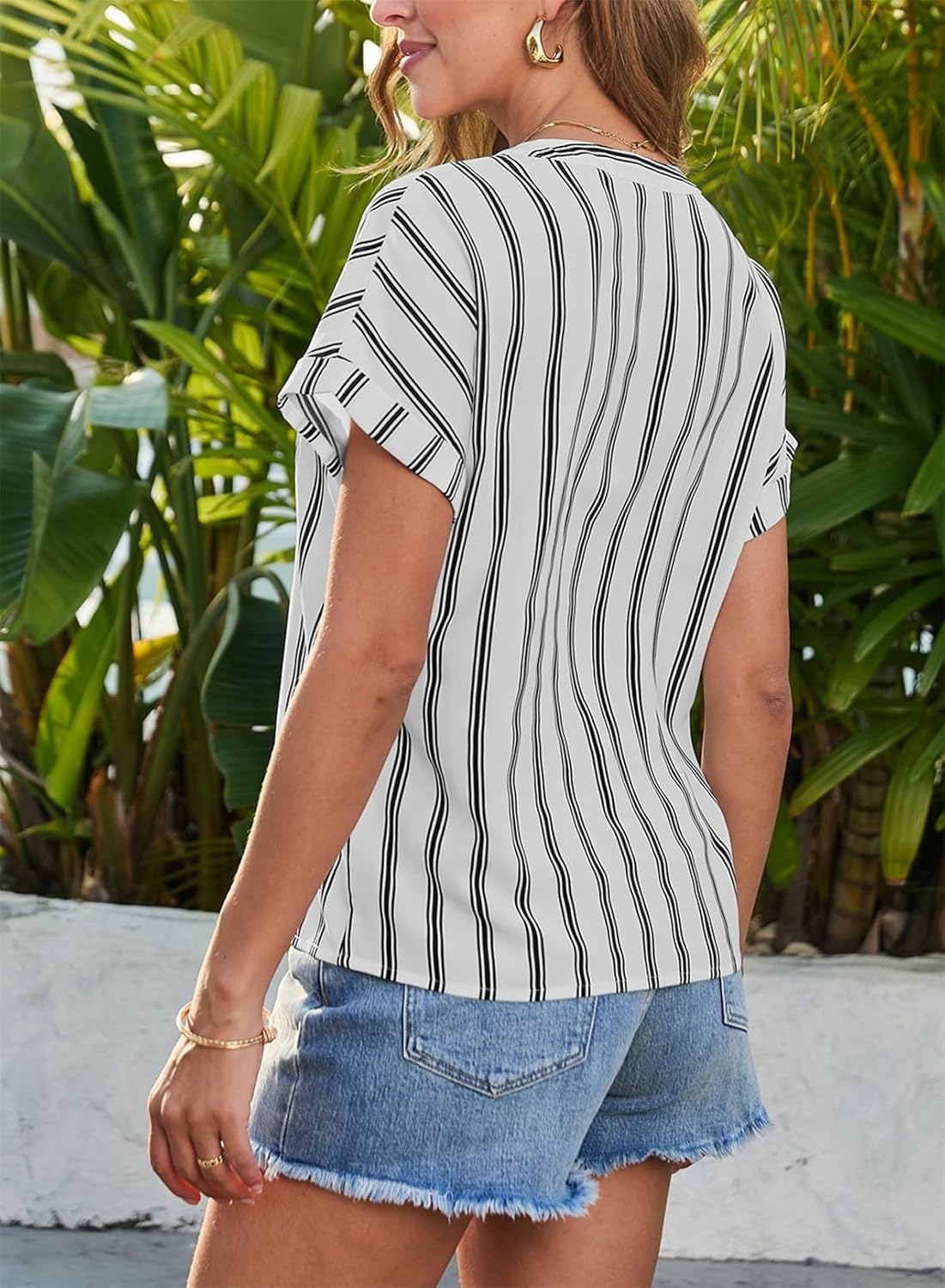 Dokotoo Women’s Summer Short Batwing Sleeve Button Shirts Business Casual Striped Color Block V Neck Lightweight Tops Blouses - Image 3