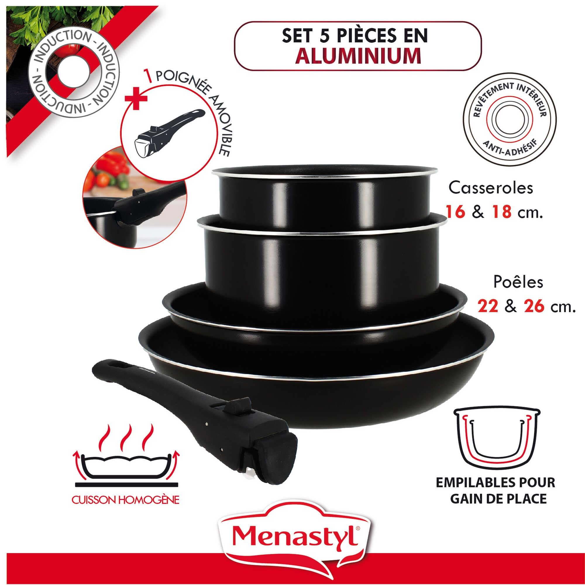 MENASTYL - Batterie de cuisine amovible 5 pièces Iris en aluminium noir antiadhésive - Compatible tous feux dont induction et lave-vaisselle - 2 casseroles + 2 poêles + 1 poignée amovible - 6020437