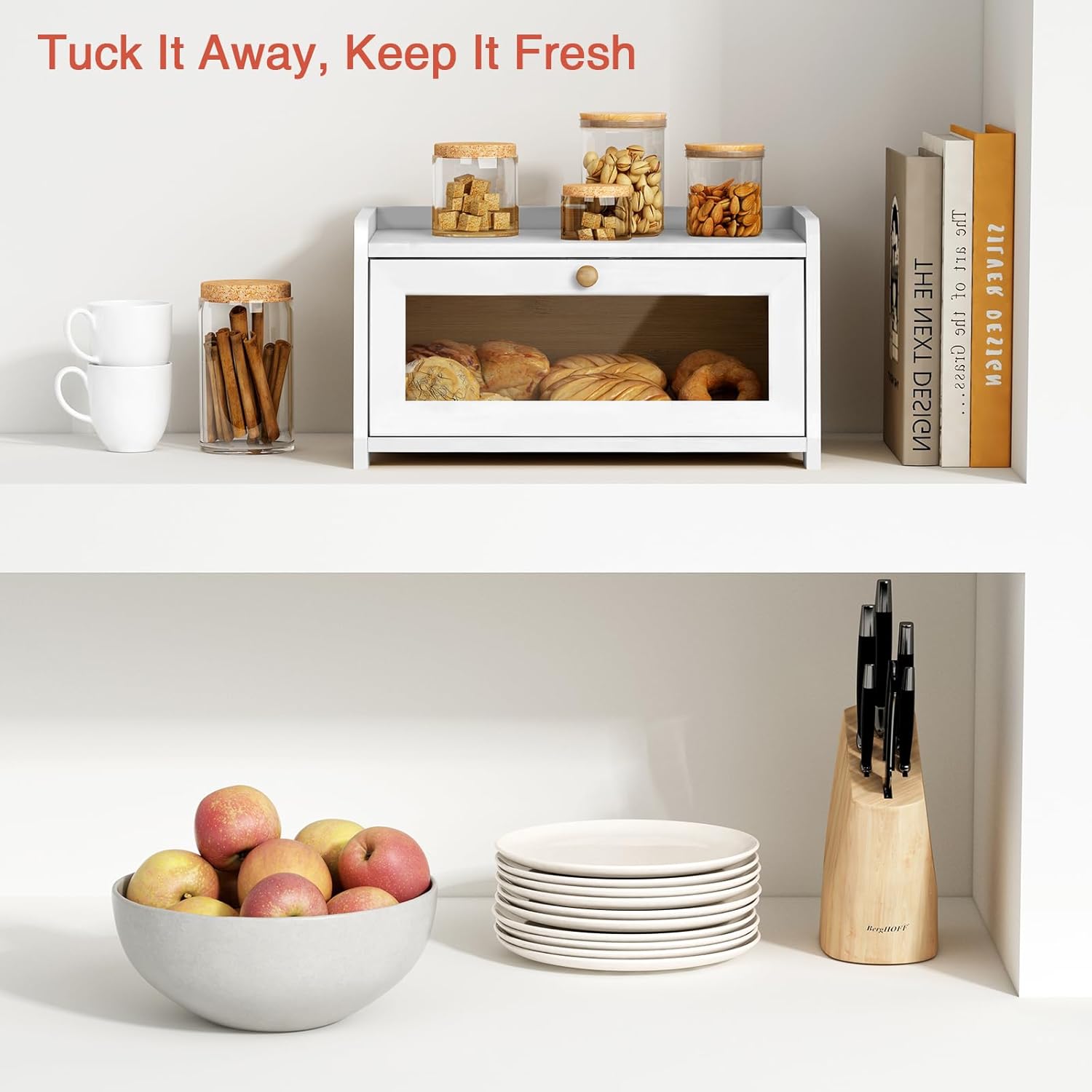 Goozii White Bread Box for Kitchen Countertop, Modern Counter Breadbox for Homemade Bread, Large Corner Bread Storage Container for Sourdough Loaf Organizers and Storage (White Bamboo Wood)
