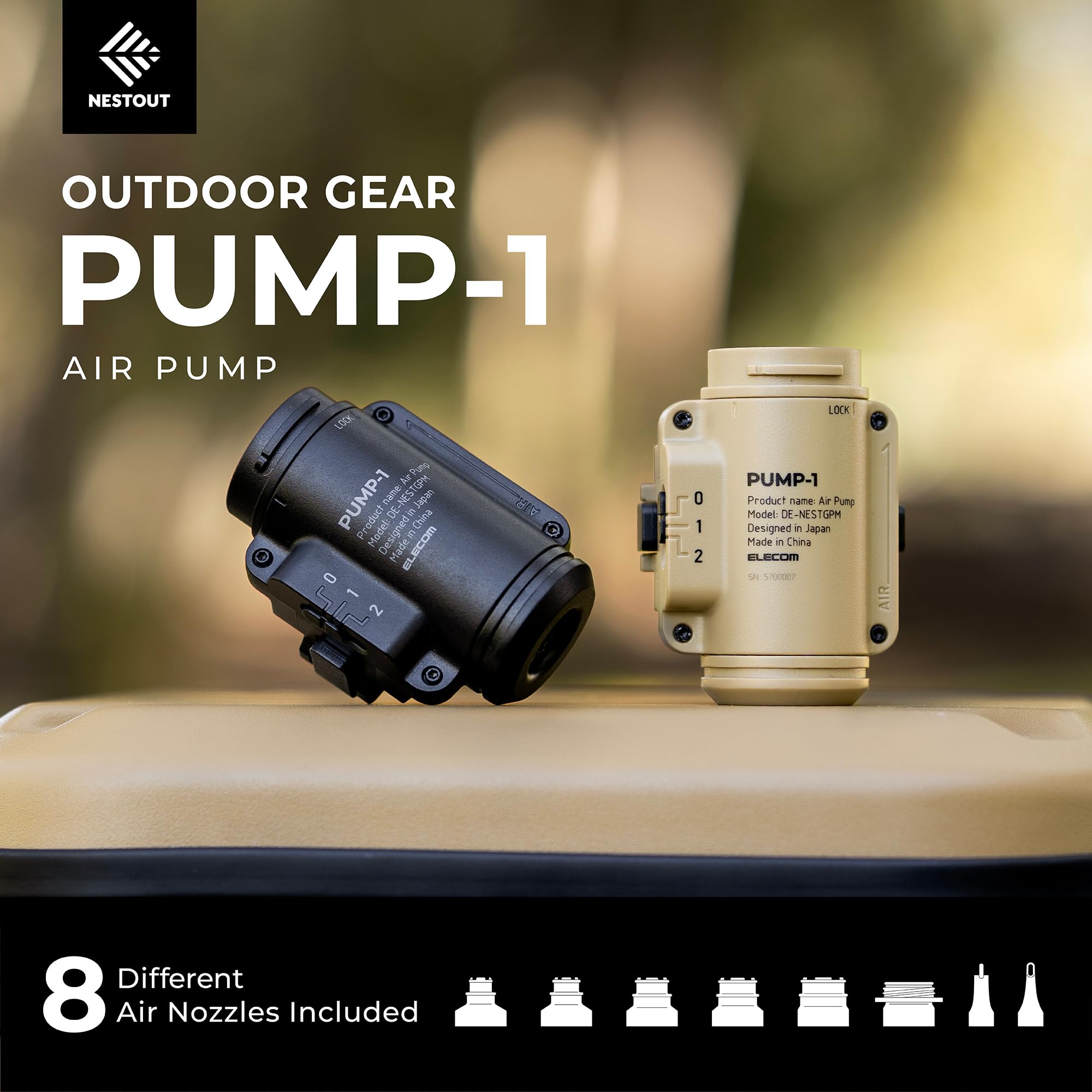 NESTOUT Pump-1 bomba de aire para camping, inflador modular para exteriores para baterías NESTOUT (se vende por separado), motor silencioso de doble velocidad sin escobillas, 8 boquillas para colchón