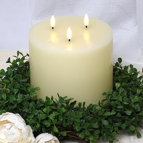 Miniatura 5 de Girimax Vela de pilar sin llama de 3 mechas con control remoto, gran vela de cera LED marfil con pilas  6 pulgadas de alto y 6 pulgadas