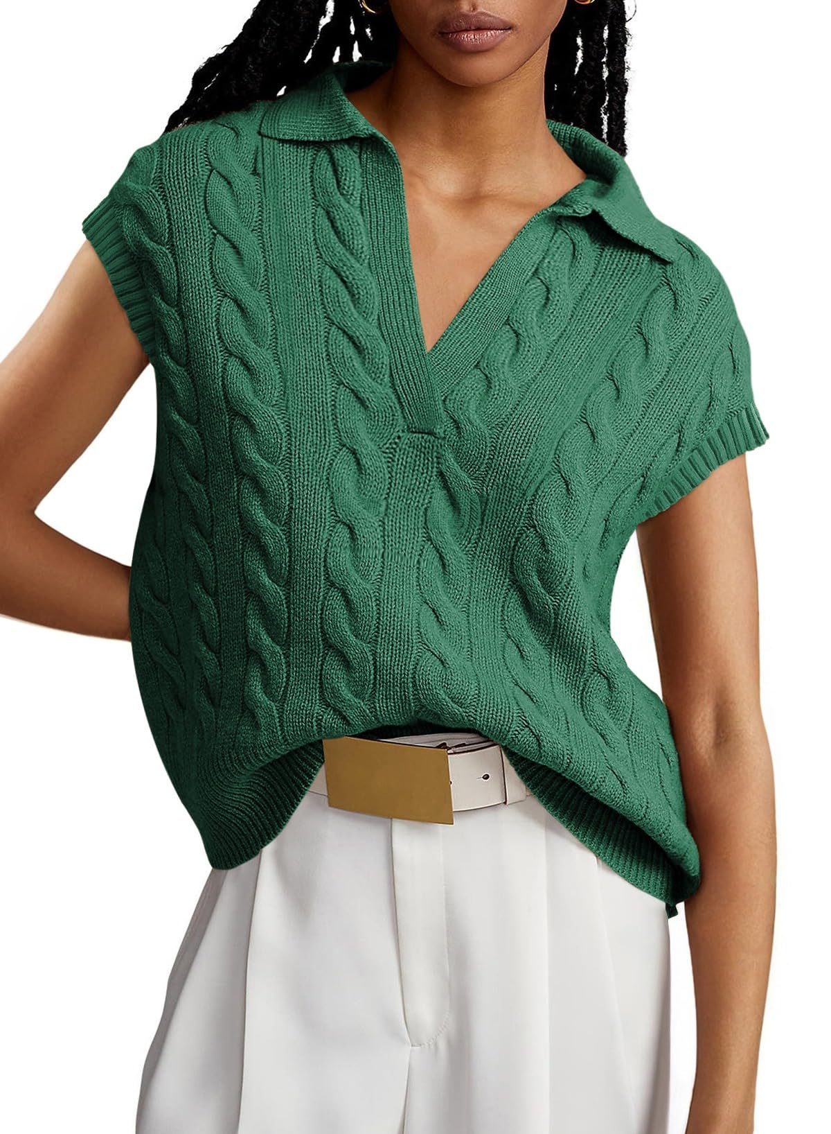 Dokotoo V-Neck Lapel Collar Cable Knit Vest Top for Women - Spring Outfits 2025