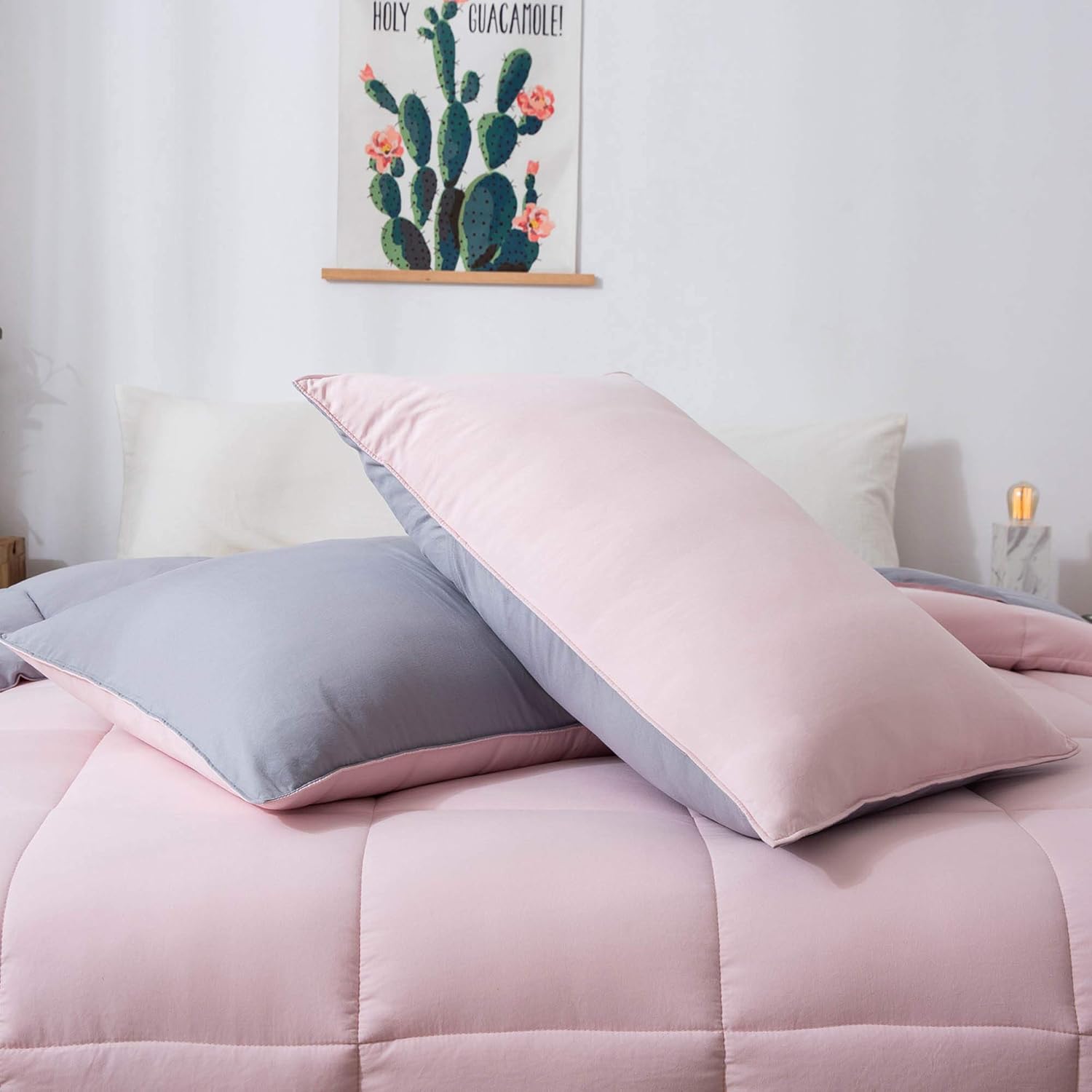 Domdec 3-Piece Down Alternative Quilted Comforter Set All Season Reversible Duvet Insert Machine Washable (Queen Size, Pink Rose/Cloud Silver + 2 Pillow Shams) : Home & Kitchen
