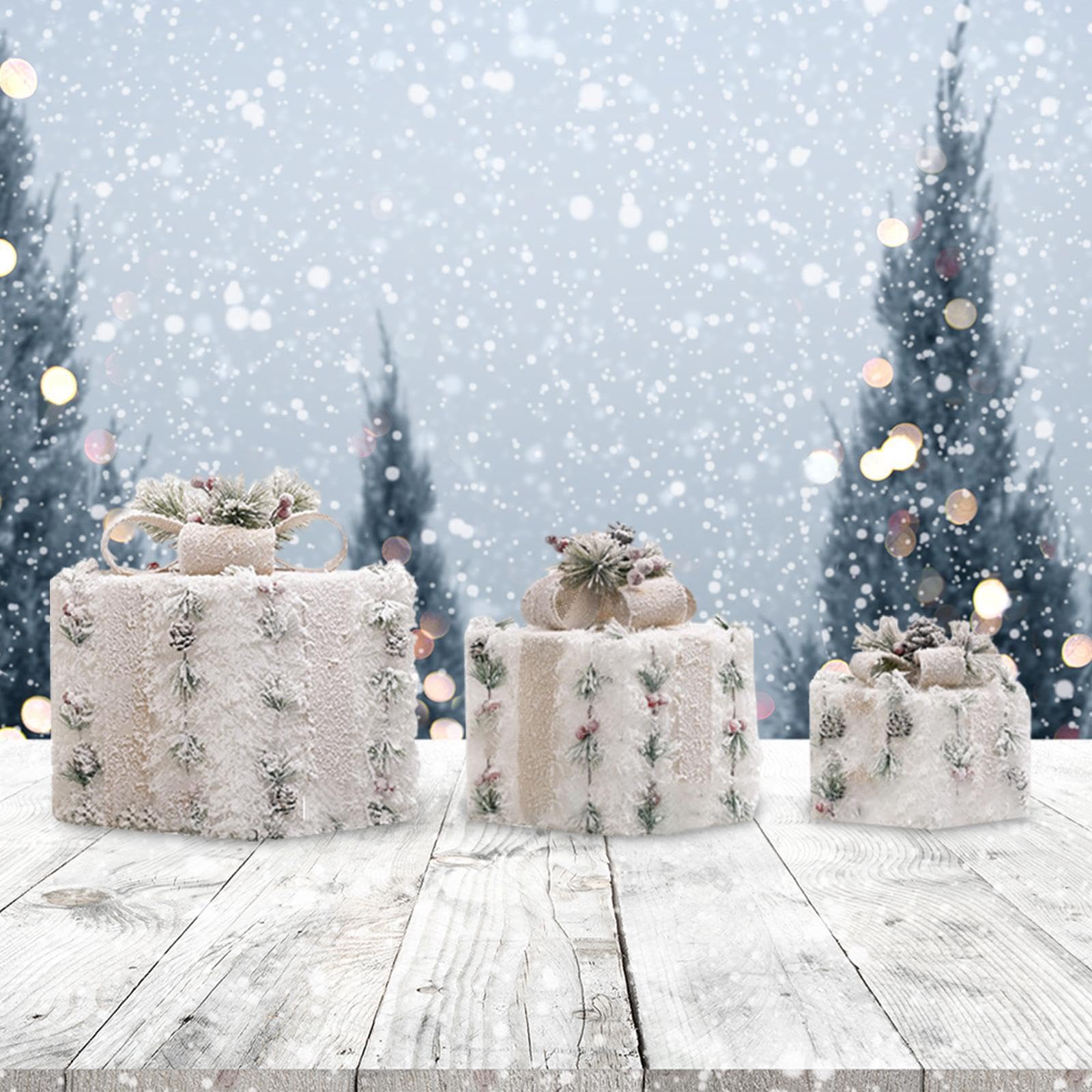3 Stück Weihnachtsgeschenkboxen Leuchtend Geschenkverpackung mit Eisenkonstruktion Dekorboxen mit Schleife Festliche Präsentboxen für Innenraum Haustü, Style A