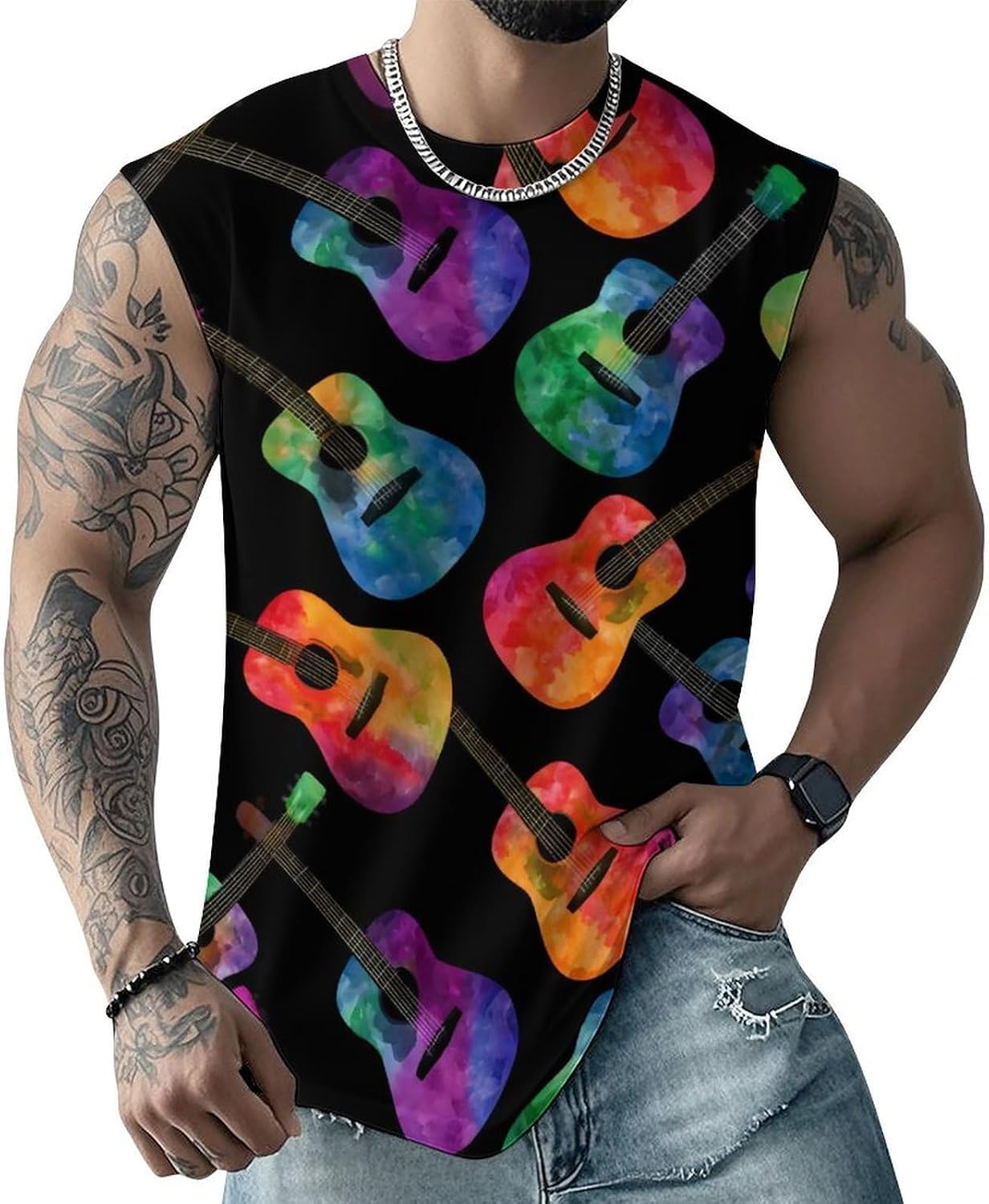 Rainbow Guitar Men Summer Sleeveless Crew Neck Top 5XL