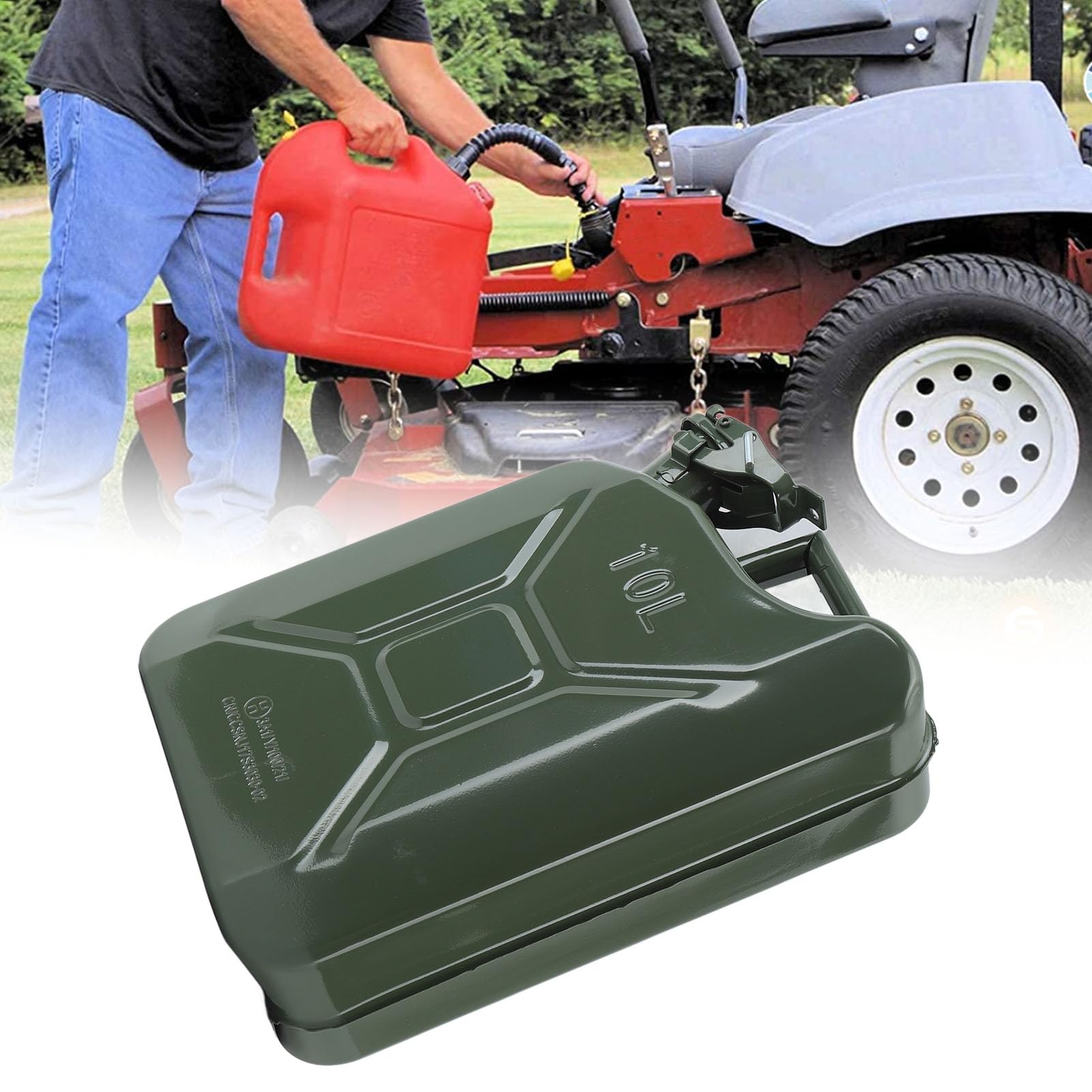 Tanica di Gas, Contenitore per Carburante in Acciaio Inossidabile da 2,6 Galloni 10 Litri con Beccuccio Autoventilante, Maniglia Portatile per Auto Tosaerba Motosega ATV Moto