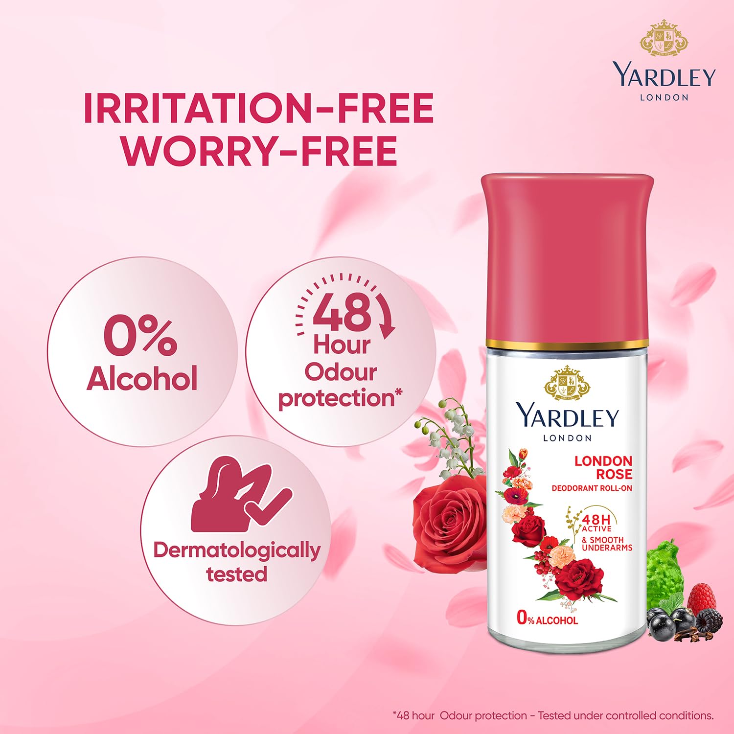 Yardley London London Rose Underarm Deodorant Roll On | With Licorirce Extract & Floral Extracts | Smooth & Eventoned Underarms | 72 H Long Lasting Floral Scent| 0% Alcohol & Dermat Approved | For Women | 50ml 2