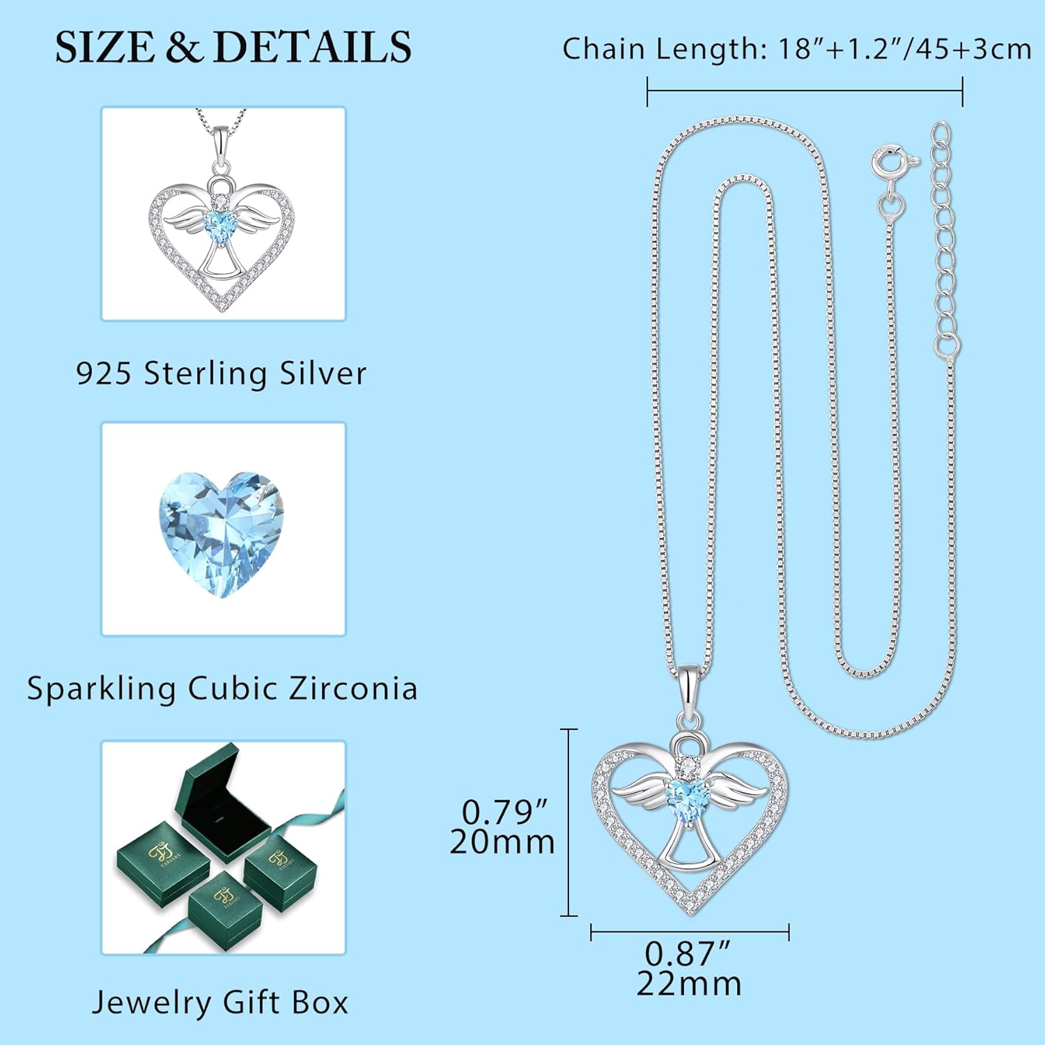 FJ Guardian Angel Necklace 925 Sterling Silver Heart Angel Wings Pendant Birthstone Jewelry for Women - Image 5