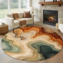 Round Area Rug 5 Ft, Terracotta Abstract Washable Non-Slip Circle Carpet for Living Room/Bedroom, Modern Orange Green Waves Fluid Art Low-Profile Runner Mats Collection Rugs for Indoor