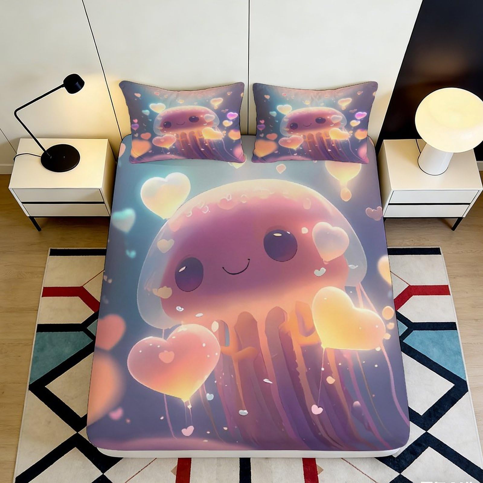 3D Printed Cute Jellyfish Fitted Sheet Microfiber Deep Pocket Bedroom Bedding Jellyfish Mattress Fitted Cover Elastic Hem Washable 180x200x25cm