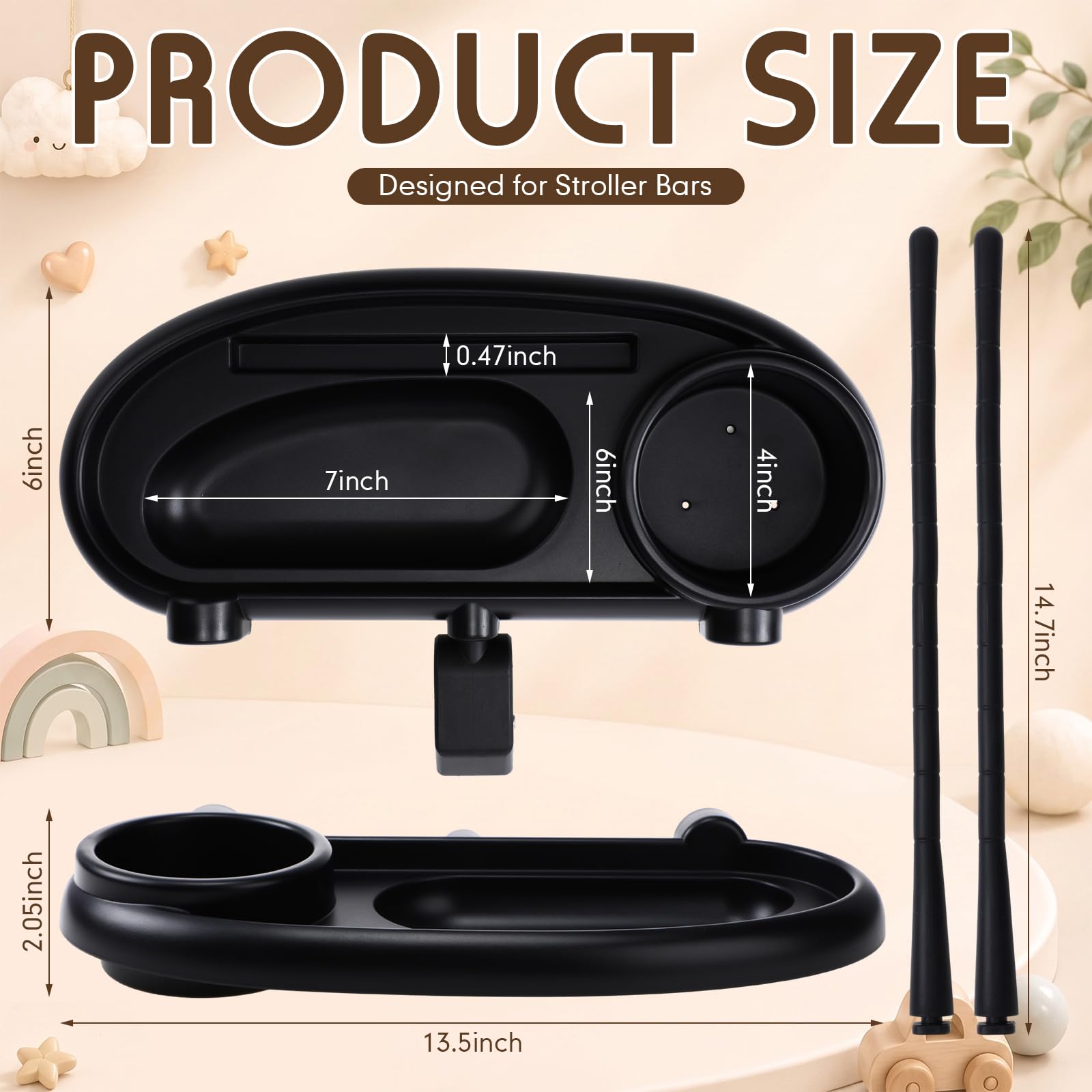 Tallew 2 vassoi universali per snack per passeggino con portabicchieri per telefono 3 in 1, attacco per passeggino con impugnatura in silicone, accessori per passeggini per bambini, snack, passeggiate
