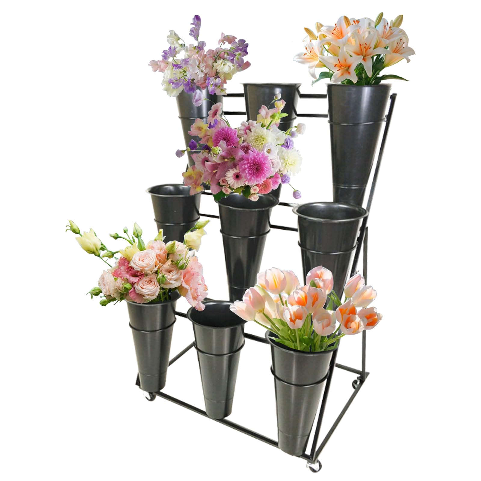 DFGHNBVC Metal Heavy Duty Moving Plant Cart With Wheels, Wrought Iron Florist Shelf For Livingroom, Garden, Indoor, Outdoor, Patio,3Tier 9 Black Bucket