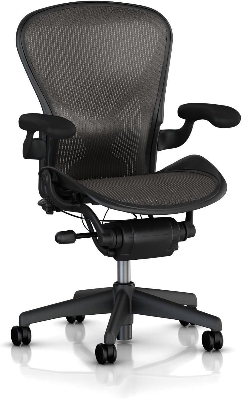 Herman Miller Aeron Task Chair: Tilt Limiter, PostureFit Support, Fixed Vinyl Arms, Standard Carpet Casters, Black, Mesh, Modern, Office