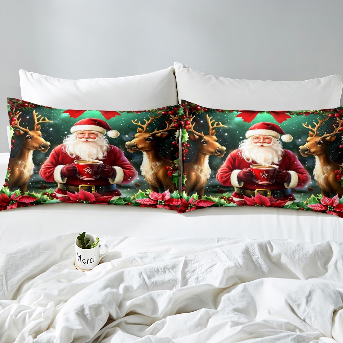 Homewish Czerwony Święty Mikołaj zestaw pościeli kreskówka czerwona świąteczna poszewka na kołdrę Super King, renifer łoś Boże Narodzenie dekoracja poszewka na kołdrę dla dzieci chłopców dziewcząt