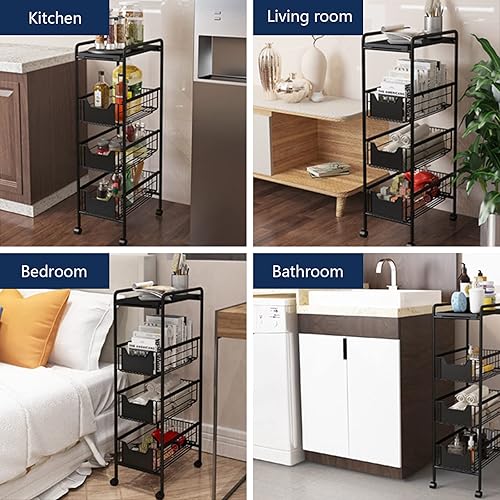 Miniatura 9 de Carrito de almacenamiento delgado de 4 niveles con 4 ruedas, organizador de estantería móvil negro, carrito utilitario rodante, estante de