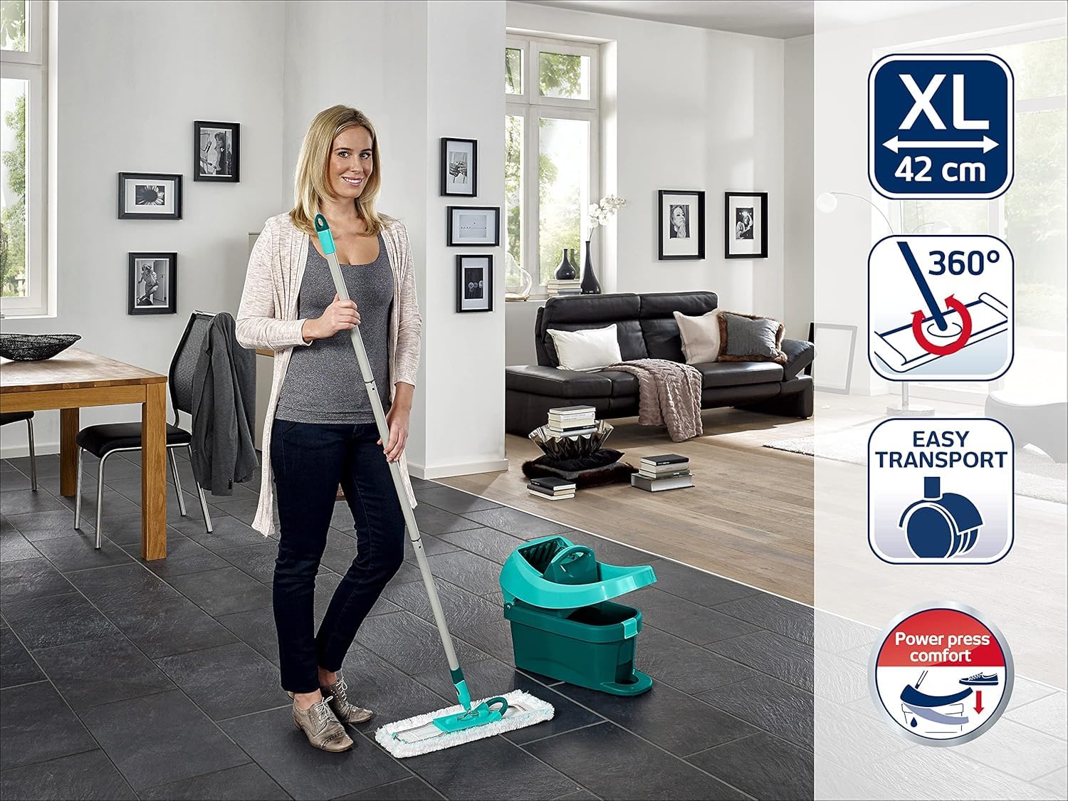 Leifheit Set Wischtuchpresse Profi XL mit Bodenwischer 146cm und Rollen, 1x Mikrofaser Bezug für alle glatten Böden & 1x elektrostatisches Staubtuch, Putzen ohne Bücken wie handgewrungen, Click-System