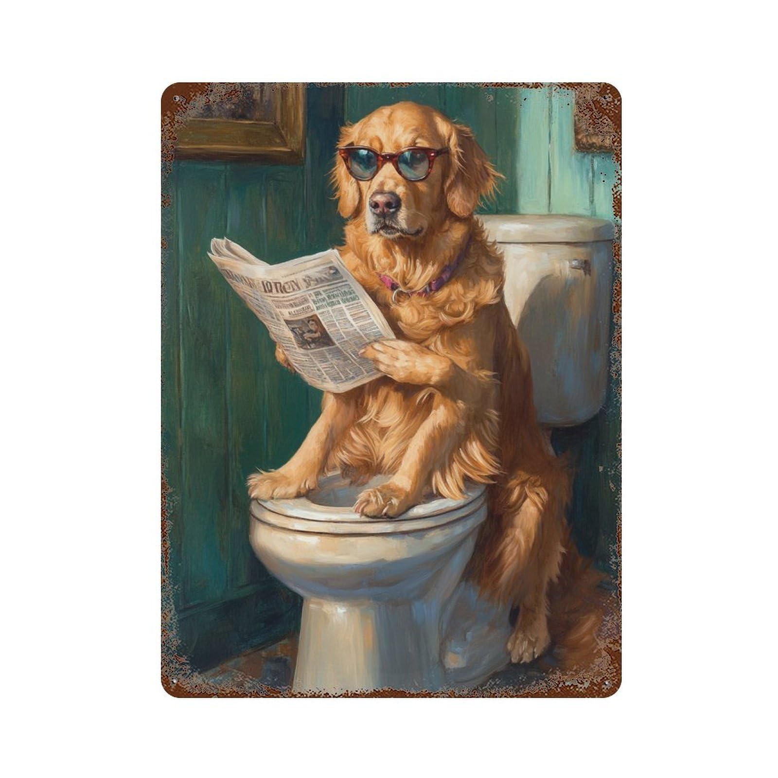 Golden Retriever Reading Newspaper-7 Vintage Wall Sign 15.7"x11.8", Rust Effect Metal Decor for Bistro, Counter And Cafe Decor