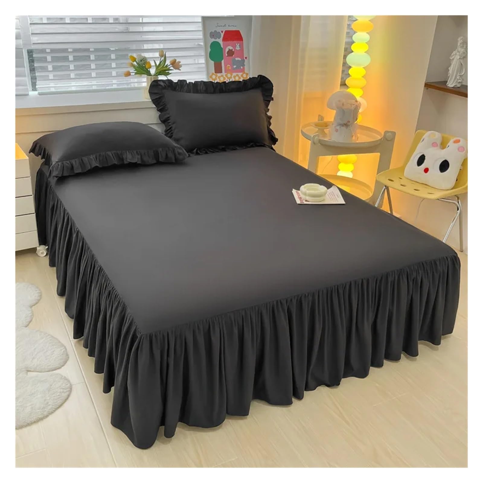 Elegant Princess BedSkirt Non-slip Mattress Cover Ruffled Lace Bedsheet Bed Cover Protector Home Bedspread Bed Skirt(Black,1 pc skirt 180x200cm)