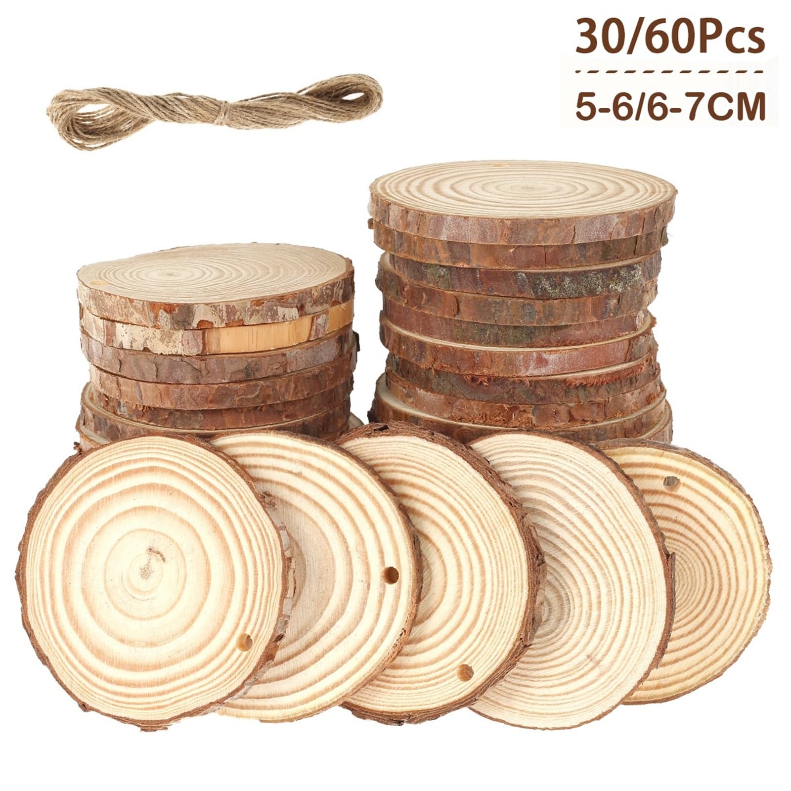 Niewykończone drewno z korą 30/60Pcs Natural Unfinished Wood Slices Round Wooden Circles for Arts Painting DIY Crafts Wedding Decorations Christmas Ornament(30pcs 5 6cm)