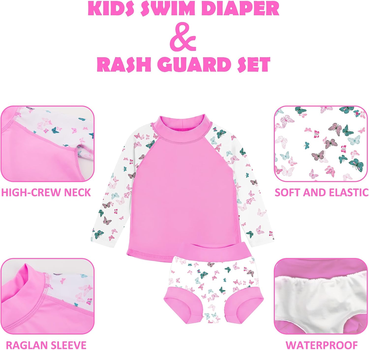 BIG ELEPHANT 2 Pcs Rash Guard Swim Diapers Sets for Unisex Baby, Boys Girls Long Sleeve Swimsuit with UPF 50+ Sun Protection
