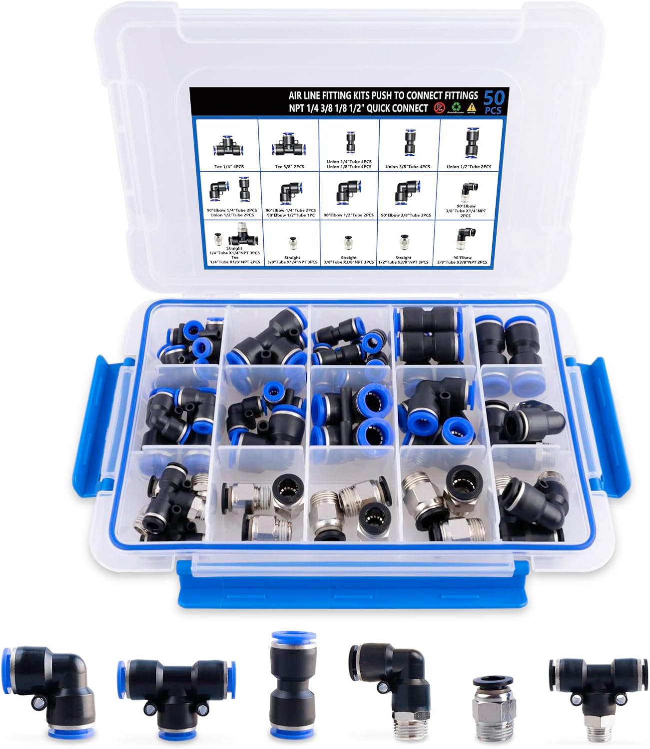 108 Pcs Quick Connect Air Hose Fittings Kit - 1/8" to 1/2" NPT Thread Push To Connect Fittings for Workshops