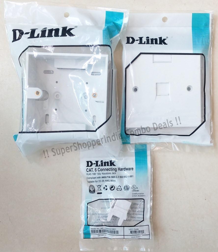 D-Link SuperShopperIndia Combo Deals RJ45 CAT6E Lan I/O Network Keystone Jack , Gang Box , Single Port Face Plate -20 Sets