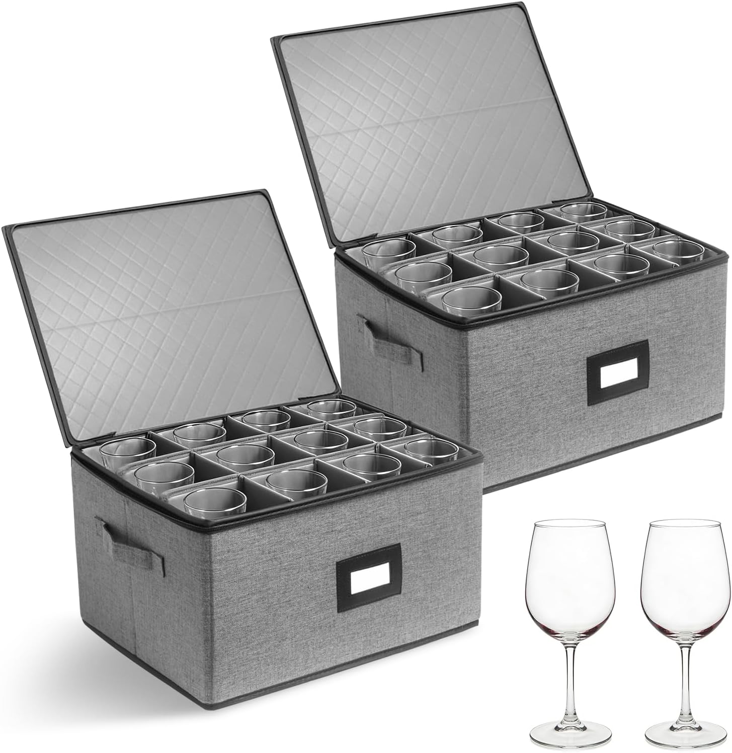 Wine Glass Storage Moving Box with Dividers 2 Pack, Holds 24 Glasses Containers Hard Shell, Glassware Stemware Holder, Packing Boxes with Lid Handle, Essentials for Glass Moving Organizing Gift