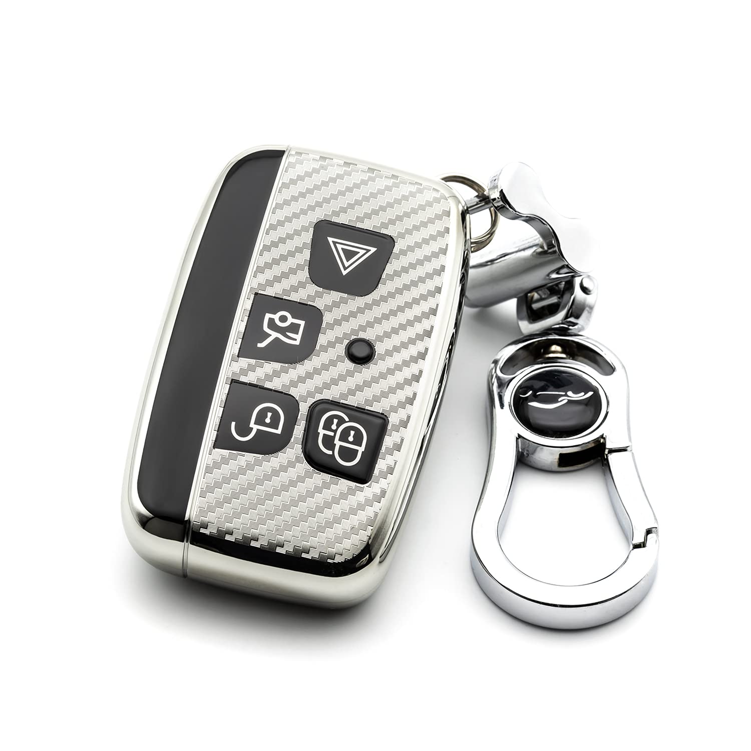 M.JVisun Soft Carbon Fiber Finish Car Key Fob Cover For Land Rover Discovery 4/Sport Freelander 2 For Range Rover Evoque/Sport/Velar Electroplated TPU Case With Metal Keychain - Blue — view 20