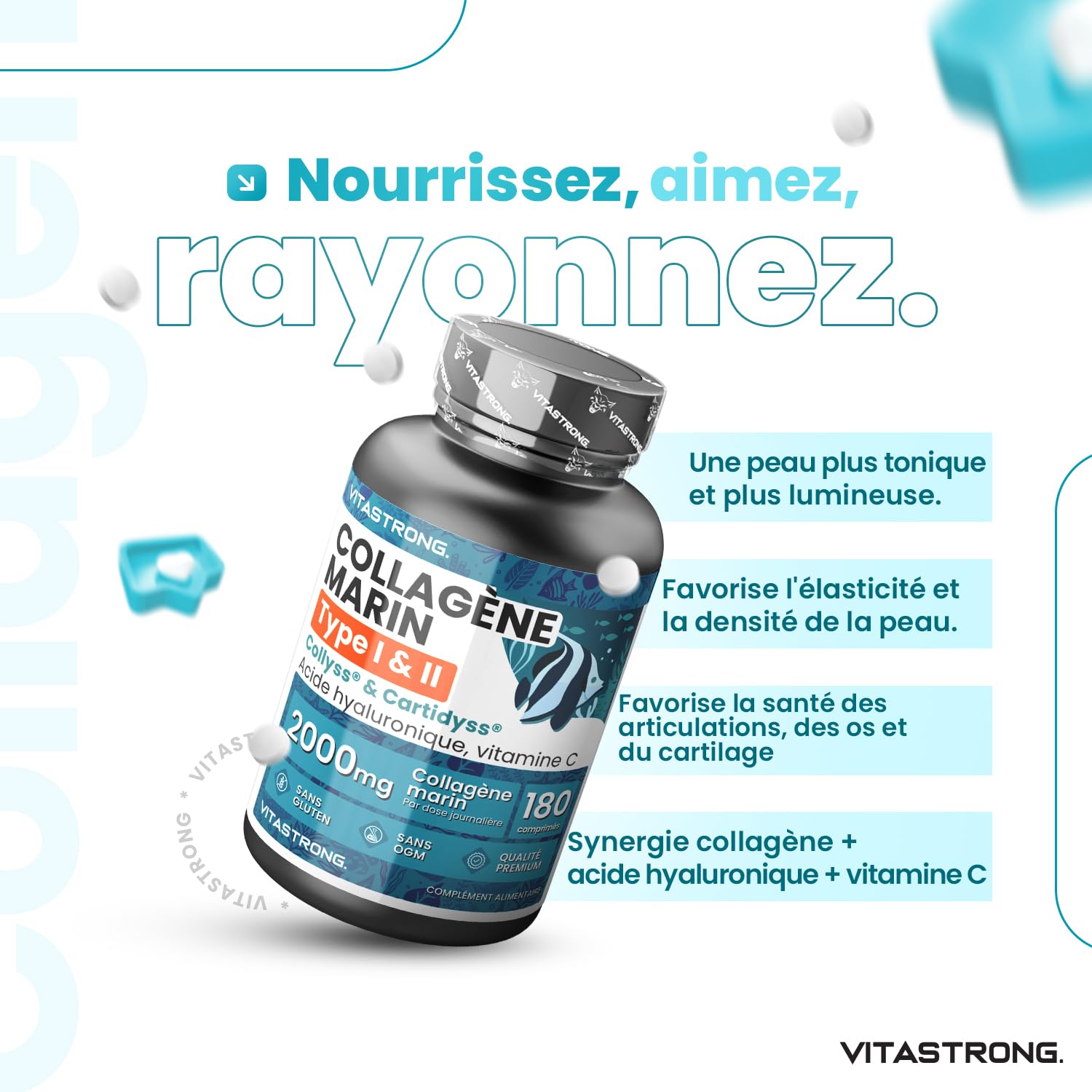 Collagene Marin, Acide Hyaluronique, Vitamine C, 180 Comprimés, Collagène Hydrolysé de Type 1&2 Collyss Cartidyss, Supplément de Collagene Marin Acide Hyaluronique avec Vitamin C, Qualité Vitastrong