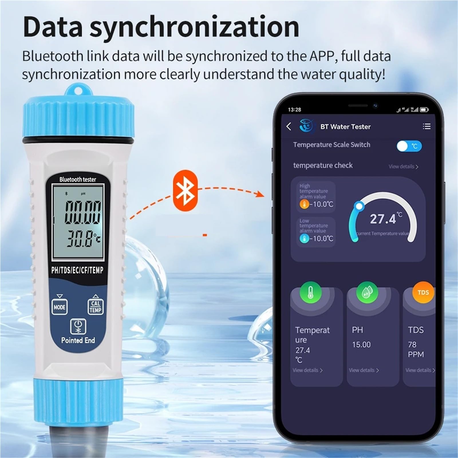 Medidor de pH y temperatura TDS, EC CF con Bluetooth 5 en 1, comprobador digital, función calibración automática, detector calidad del agua,Análisis de calidad instantáneo