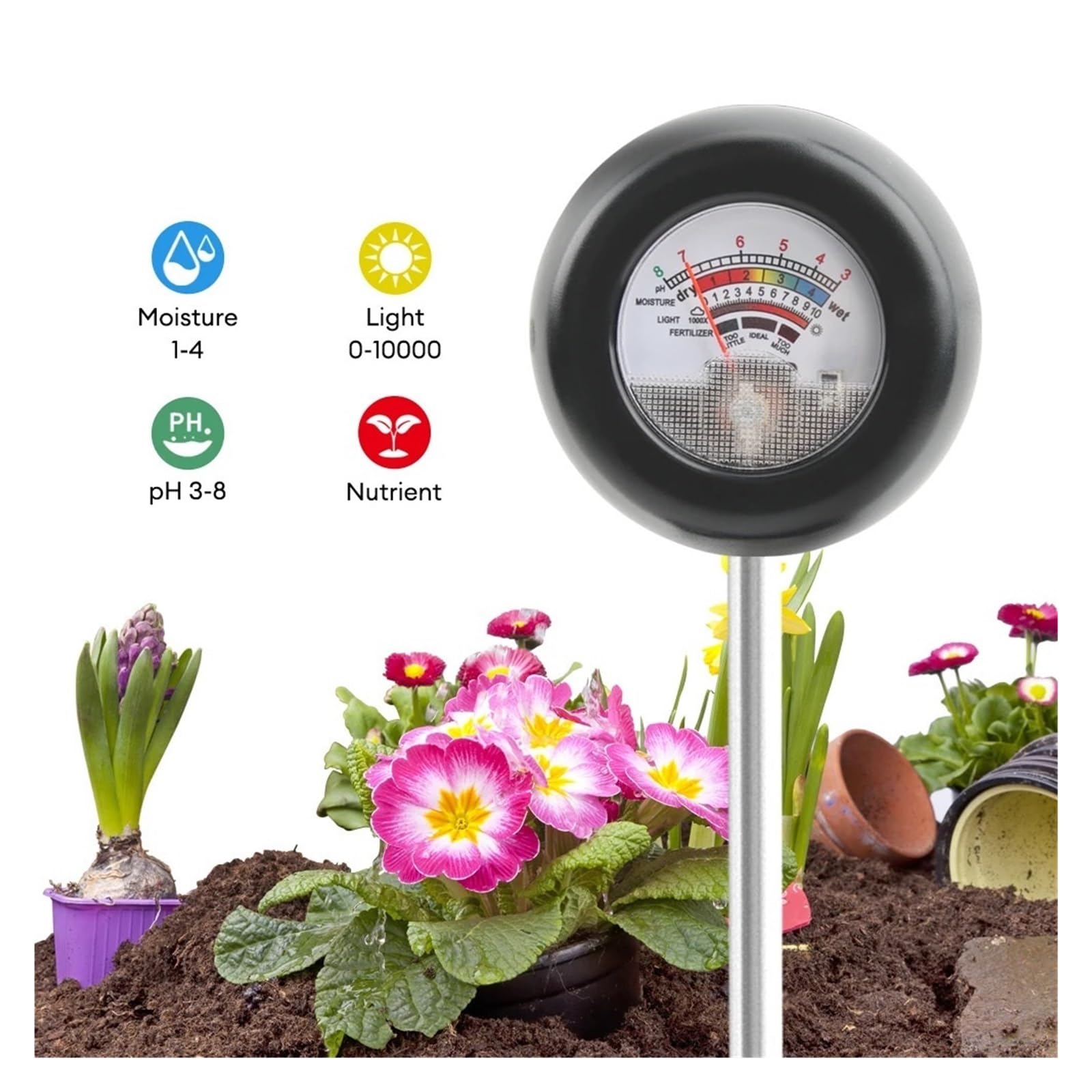 EDEDE Misuratore del Suolo, Misuratore di PH del Terreno 4 in 1 umidità Luce Solare PH Fertilità Acidità del Terreno Tester rilevatore for Piante in Vaso per Giardinaggio, Prato