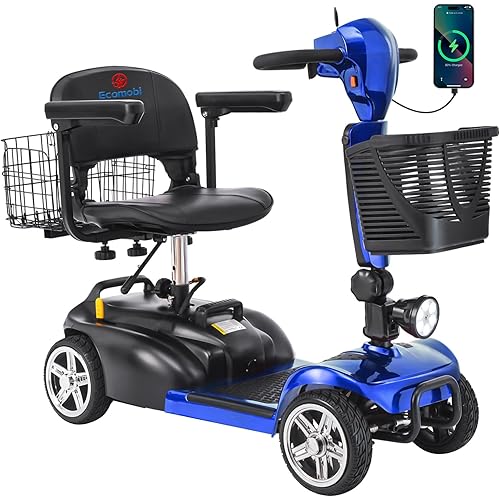 15-45 Miles Ecomobi MS02 4 Wheels Mobility Scooter for Adults/Seniors, 350W Powered Electric Wheelchair Device w/15Ah-25Ah Extended Battery, Dual Baskets/Rotating Seat, Compact Duty Mobile for Elderly