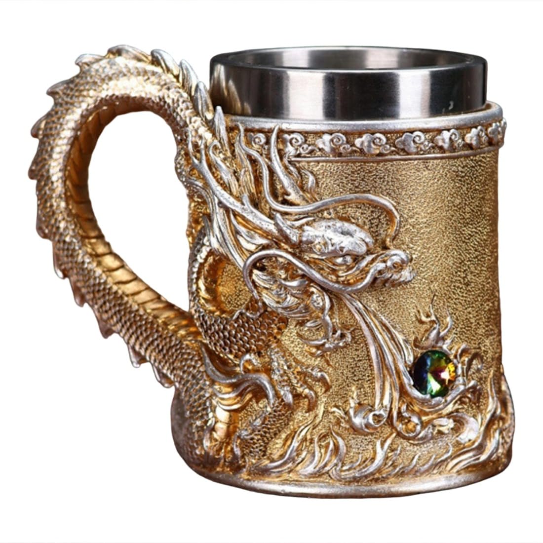 Vjsujehgy Golden Copper Dragon 500ML Beer Resin 304 Stainless Steel Medieval Tea Cup Coffee Mugs for Parties Bars B