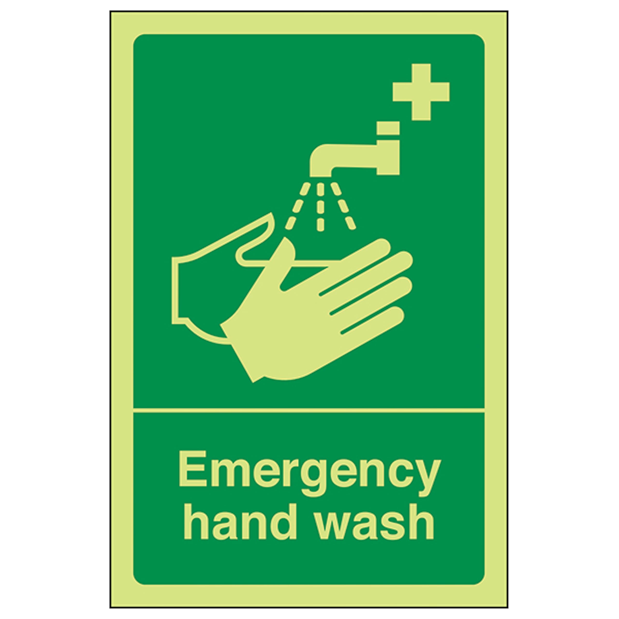 V Safety GITD Emergency Hand Wash 100 x 150 mm - Glow In The Dark Self Adhesive Vinyl Safety Sign