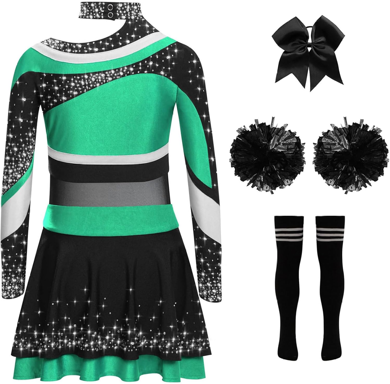 Kids Girls Cheer Leader Uniform Dance Top Skirt Set with Pom Poms Cheerleading Outfit Halloween Cheer Up Green Black 14 Years