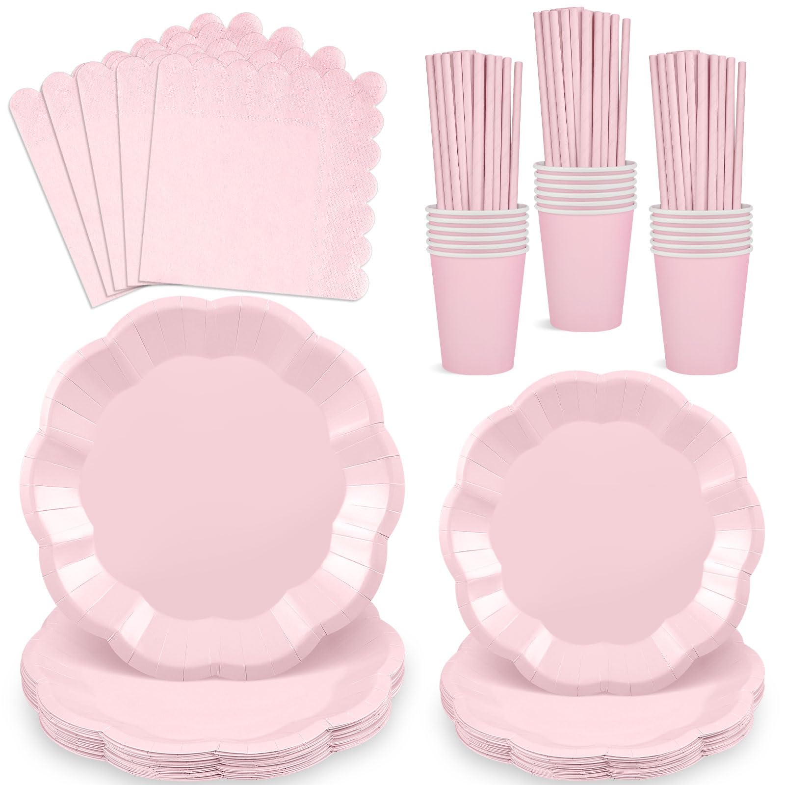 125 Pcs Pink Paper Plates and Napkins, 25 Guest Pink Party Tableware Include Party Plates Cups and Napkins Straws for Wedding Girl Baby Shower Birthday Bridal Shower