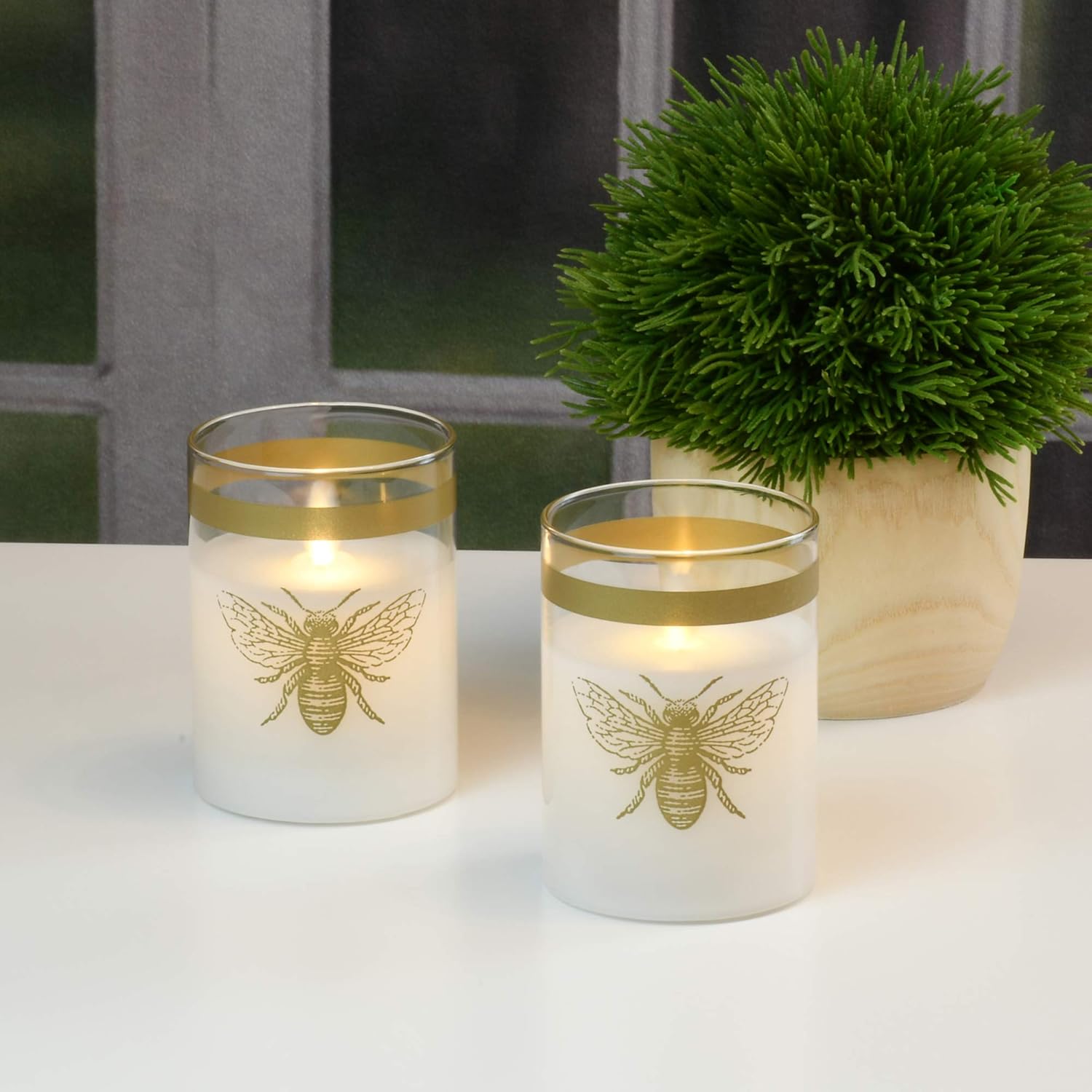 LumaBase Battery Operated LED Glass Candles with 3D Wick Flame, Honeybee - Set of 2