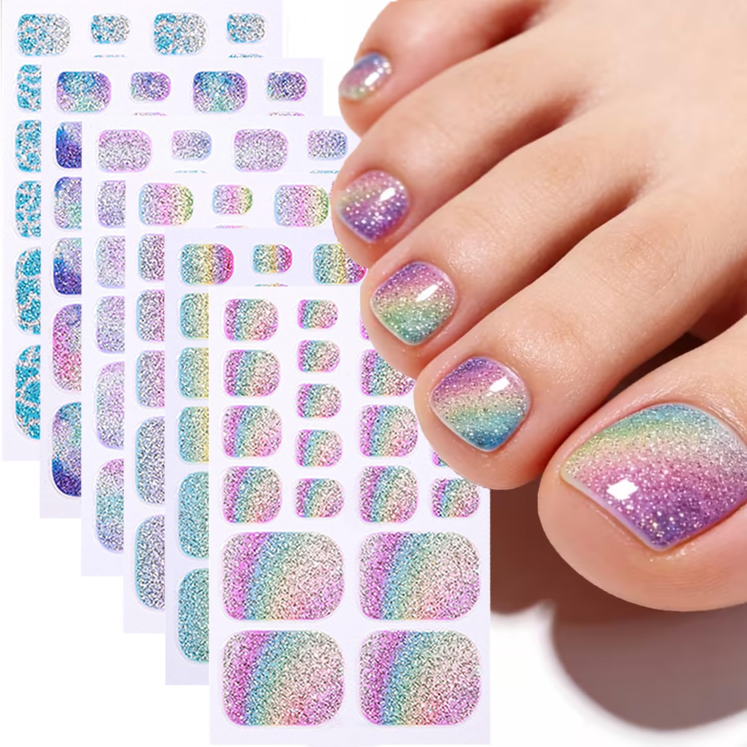 Gradient Glitter Full Nail Wraps Summer Dopamine Toe Nail Polish Stickers Strips Toenail Stickers 3D 6Sheets Self-adhesive Toe Nail Full Cover Decals Supplies for Women Manicure Accessories Decoration
