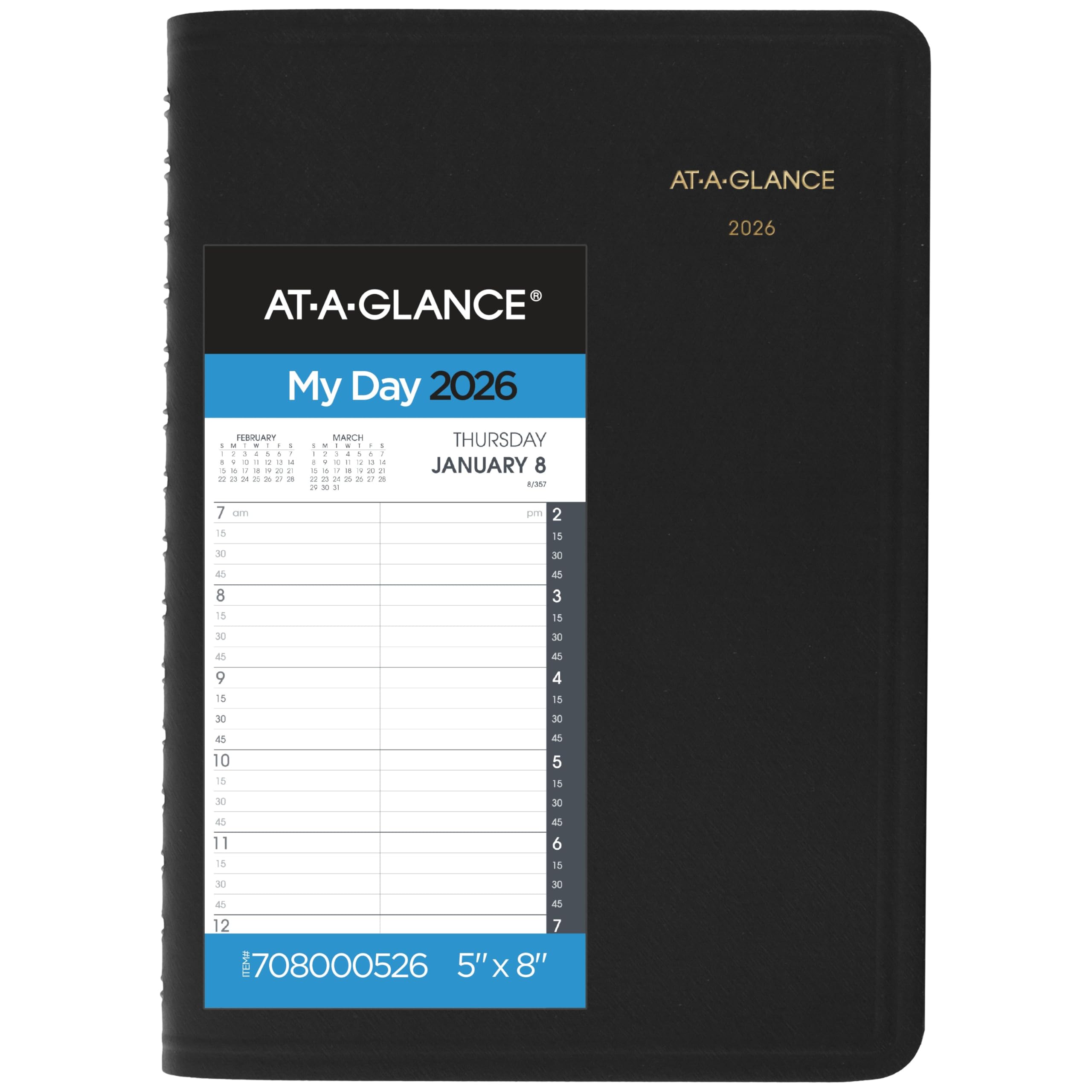 AT-A-GLANCE Agenda de rendez-vous 2026, quotidien, 12,7 x 20,3 cm, petit, quart d'heure, noir (708000526)